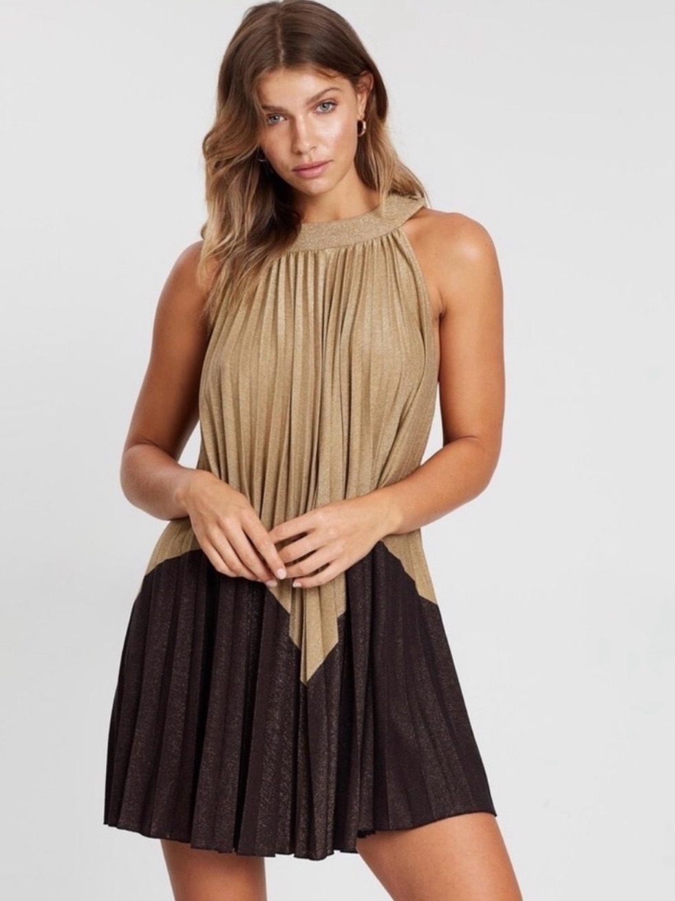 Free People Gold Brown Pleated Dress M